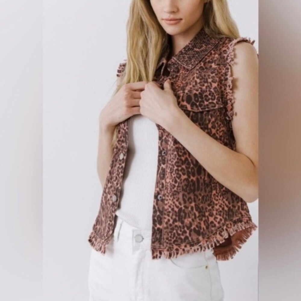English Rose Pink Leopard Print Fringe Stud Collar Denim Vest Size Small-Medium